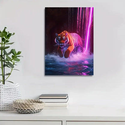 Vibrant Tiger Running Near Waterfall Painting 40x60cm Metal Print Ready to Hang