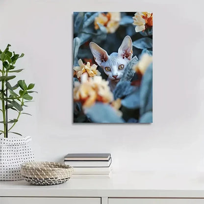 Cute Sphynx Kitten with Vibrant Flowers Painting 40x60cm Metal Print Ready to Hang - Bella Home Decor