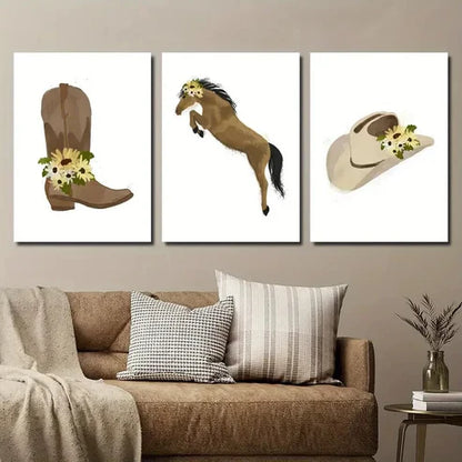 3pcs Boots Hat & Jump Horse with Yellow Flower Wall Art Set Canvas Unframed - High Quality Print 100% Australian Made Wall Canvas - Bella Home Decor