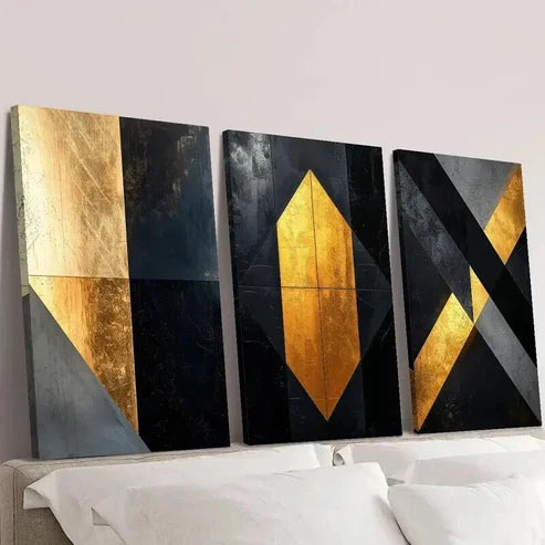 3pcs Golden and Black Geometric Marble Texture Wall Art Canvas Unframed - High Quality Print 100% Australian Made Wall Canvas - Bella Home Decor
