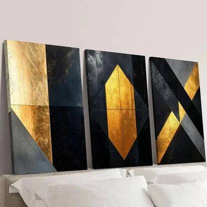 3pcs Golden and Black Geometric Marble Texture Wall Art Canvas Unframed - High Quality Print 100% Australian Made Wall Canvas - Bella Home Decor