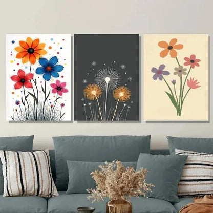 3pcs Modern Minimalist Floral Colorful Flowers Wall Art Set Canvas Unframed - High Quality Print 100% Australian Made Wall Canvas