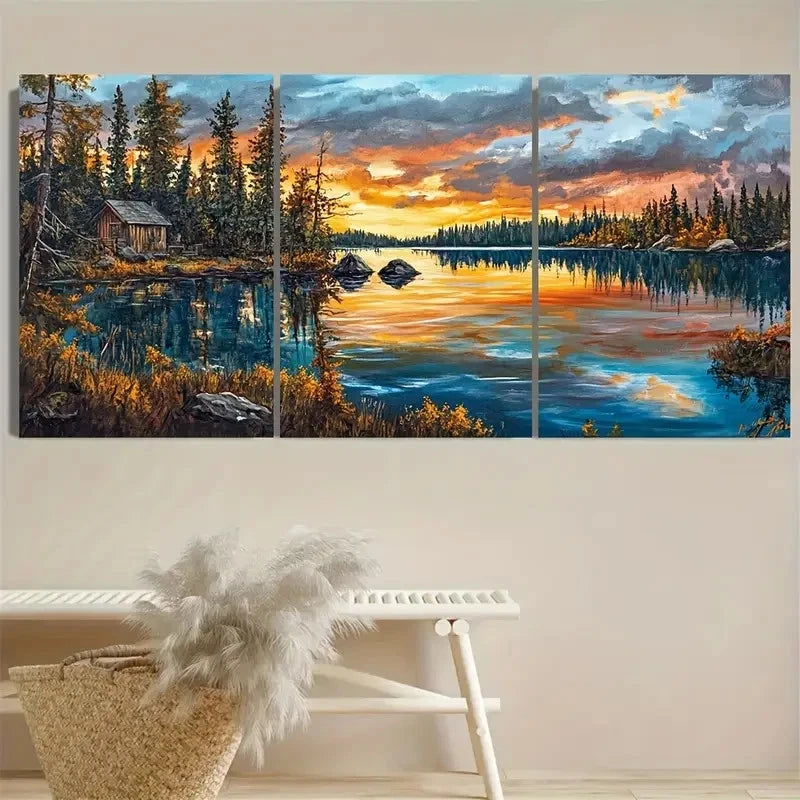 3pcs Dore Lake Lake House Wall Art Set Canvas Framed 50x70cm - High Quality Print 100% Australian Made Wall Canvas Ready to Hang - Bella Home Decor