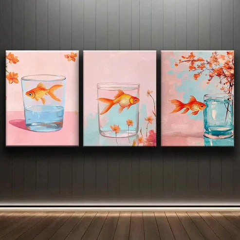3pcs Colorful Goldfish in Glass Tank Perfect Wall Art Set Canvas Unframed - High Quality Print 100% Australian Made Wall Canvas - Bella Home Decor