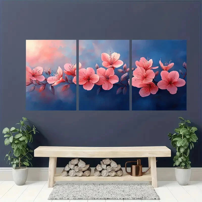 3pcs Delicate Pink Flowers and Green Leaves Metal Print Ready to Hang Art - Bella Home Decor