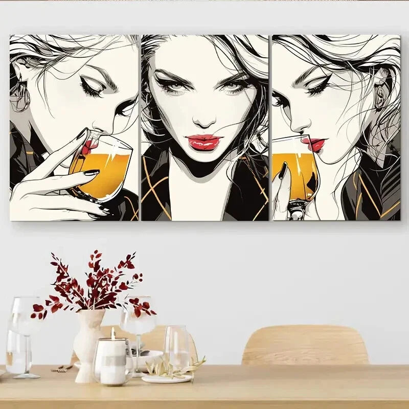 3pcs Women Drinking Cocktail Chic Poses Perfect Wall Art Set Canvas Framed 60x90cm - High Quality Print 100% Australian Made Wall Canvas Ready to Hang - Bella Home Decor