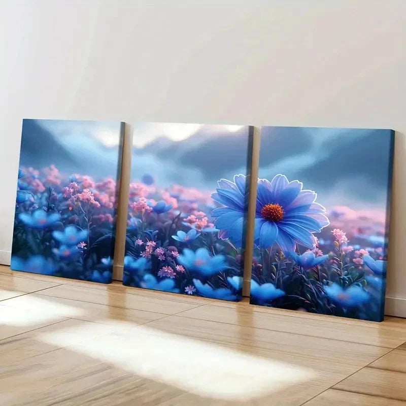 3pcs Blue Pink & Purple Wildflower Field Wall Art Set Canvas Framed 60x90cm - High Quality Print 100% Australian Made Wall Canvas Ready to Hang - Bella Home Decor