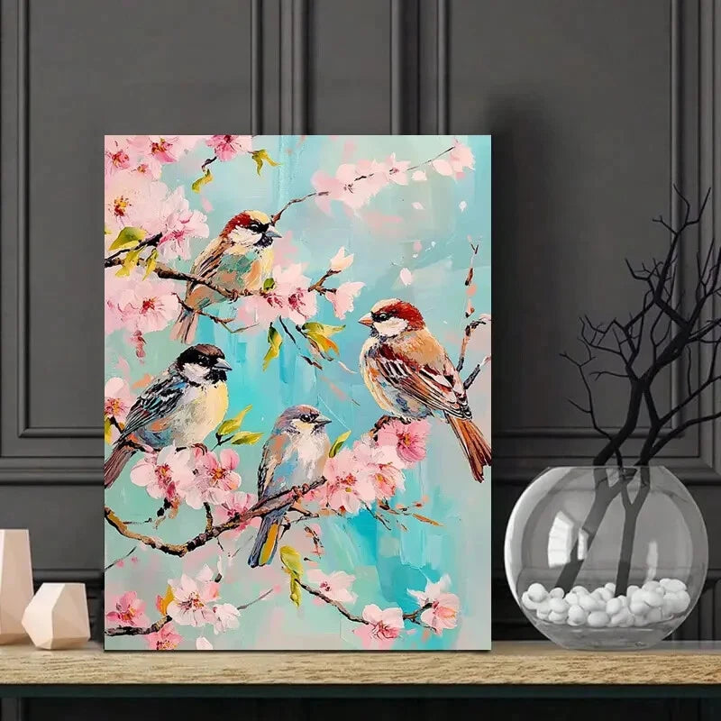 Sparrows Perched on Cherry Blossoms Painting 40x60cm Metal Print Ready to Hang