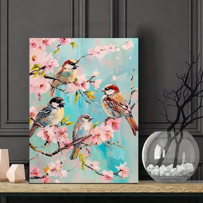 Sparrows Perched on Cherry Blossoms Painting 40x60cm Metal Print Ready to Hang