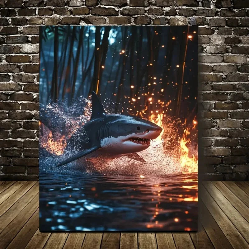 Shark Splashing in Bamboo Grove with Glowing 40x60cm Metal Print Ready to Hang - Bella Home Decor
