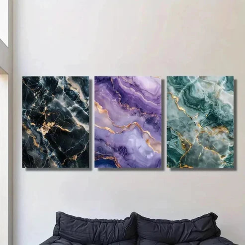 3pcs Gold Black Purple & Blue Marble Texture Wall Art Canvas Unframed - High Quality Print 100% Australian Made Wall Canvas - Bella Home Decor