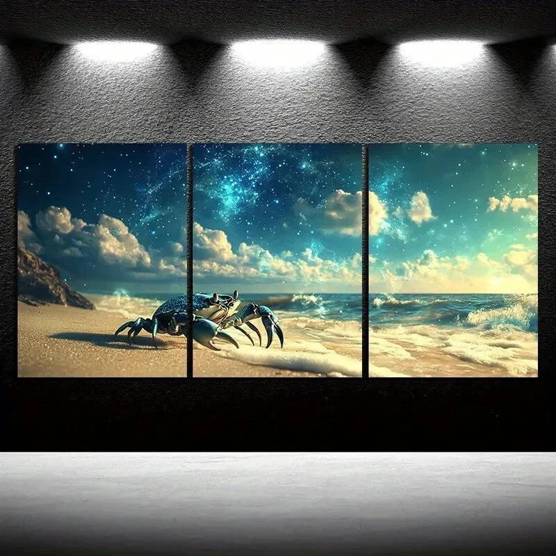 3pcs Crabs on The Beach White Clouds Metal Print Ready to Hang Art - Bella Home Decor