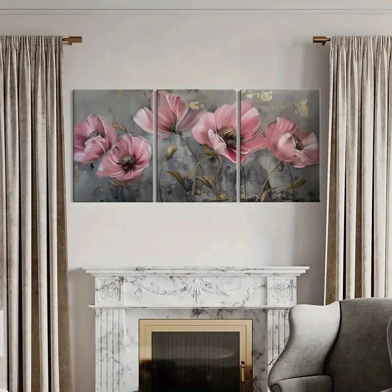 3pcs Abstract Pink Golden Flowers Vintage Wall Art Set Canvas Framed 60x90cm - High Quality Print 100% Australian Made Wall Canvas Ready to Hang - Bella Home Decor