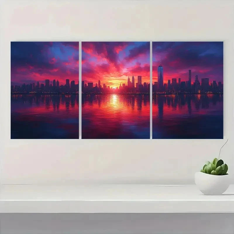 3pcs Urban Glow Sunset City Triptych CG Wall Art Set Canvas Framed 40x60cm - High Quality Print 100% Australian Made Wall Canvas Ready to Hang - Bella Home Decor