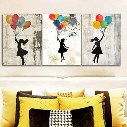 3pcs Featuring a Girl with Balloons Decorating Wall Art Set Canvas Unframed - High Quality Print 100% Australian Made Wall Canvas