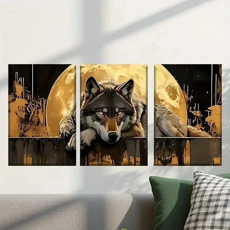 3pcs Wolf Is Sitting on a Fence with The Moon Wall Art Set Canvas Framed 50x70cm - High Quality Print 100% Australian Made Wall Canvas Ready to Hang