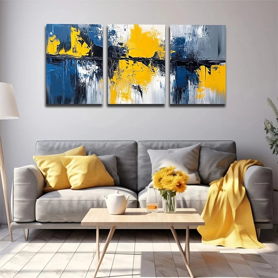3pcs Blue and Yellow Paintings Metal Print Ready to Hang Art - Bella Home Decor