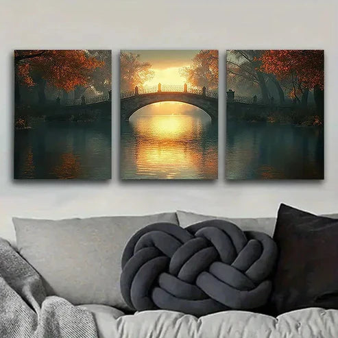 3pcs Autumnal Bridge Scenery Wall Art Canvas Unframed - High Quality Print 100% Australian Made Wall Canvas - Bella Home Decor