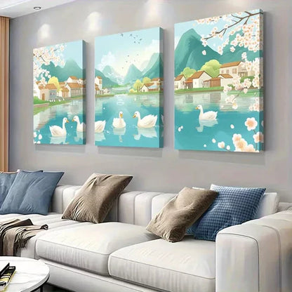 3pcs Serene Ducks on Tranquil River Wall Wall Art Canvas Unframed - High Quality Print 100% Australian Made Wall Canvas