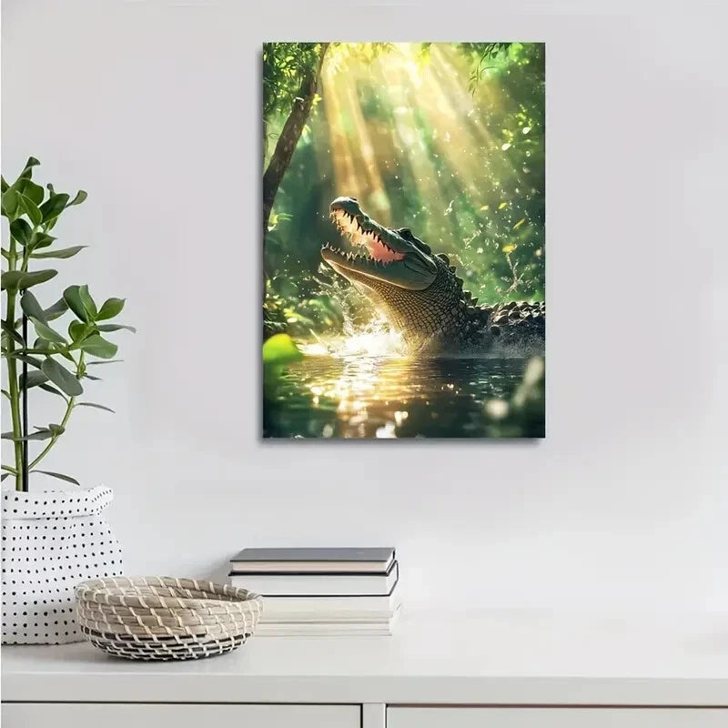 Vibrant Alligator Scene with Sunlit Meadow Painting  40x60cm Metal Print Ready to Hang - Bella Home Decor