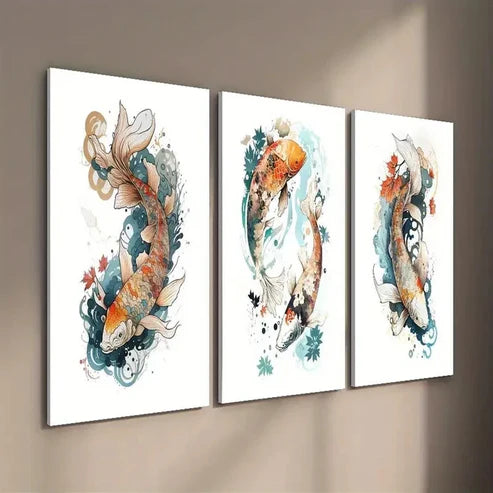 3pcs Japanese Bright Koi Carp Wall Art Set Canvas Unframed - High Quality Print 100% Australian Made Wall Canvas