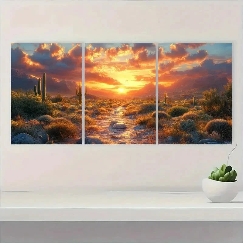 3pcs Desert Sunset Landscape with Cacti Metal Print Ready to Hang Art - Bella Home Decor