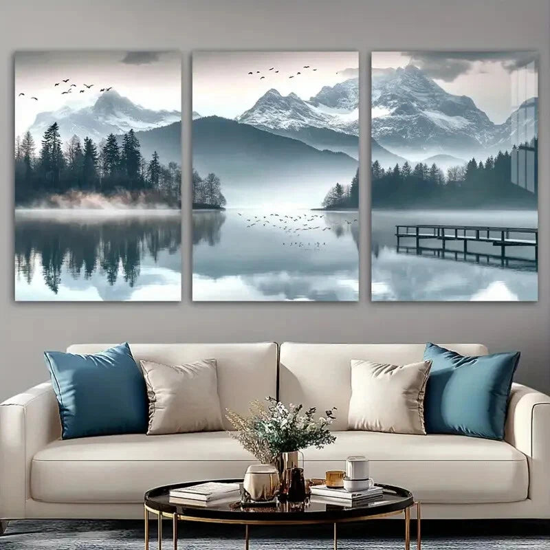 3pcs Snowy Mountains Jungle & Lake Scene Metal Print Ready to Hang Art - Bella Home Decor