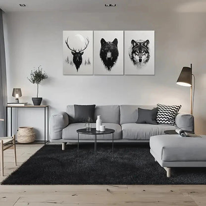 3pcs Deer Bear Wolf Modern Black and White Metal Print Ready to Hang Art - Bella Home Decor