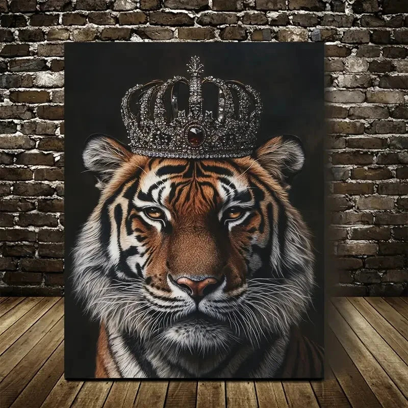 Majestic Crowned Tiger Portrait Golden Crown Painting 40x60cm Metal Print Ready to Hang - Bella Home Decor