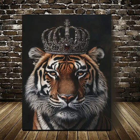 Majestic Crowned Tiger Portrait Golden Crown Painting 40x60cm Metal Print Ready to Hang - Bella Home Decor