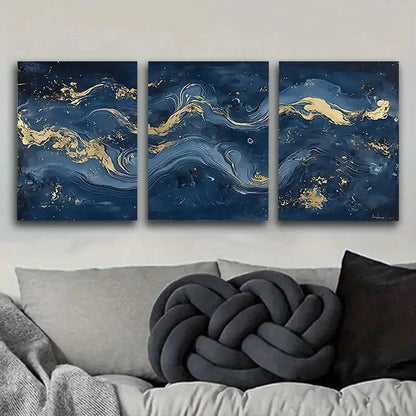3pcs Dark Blue and Golden Abstract Wall Art Set Canvas Framed 40x60cm - High Quality Print 100% Australian Made Wall Canvas Ready to Hang - Bella Home Decor