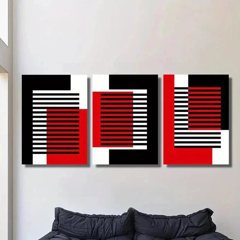 3pcs Abstract Geometric Black White Red Line Wall Art Set Canvas Unframed - High Quality Print 100% Australian Made Wall Canvas - Bella Home Decor
