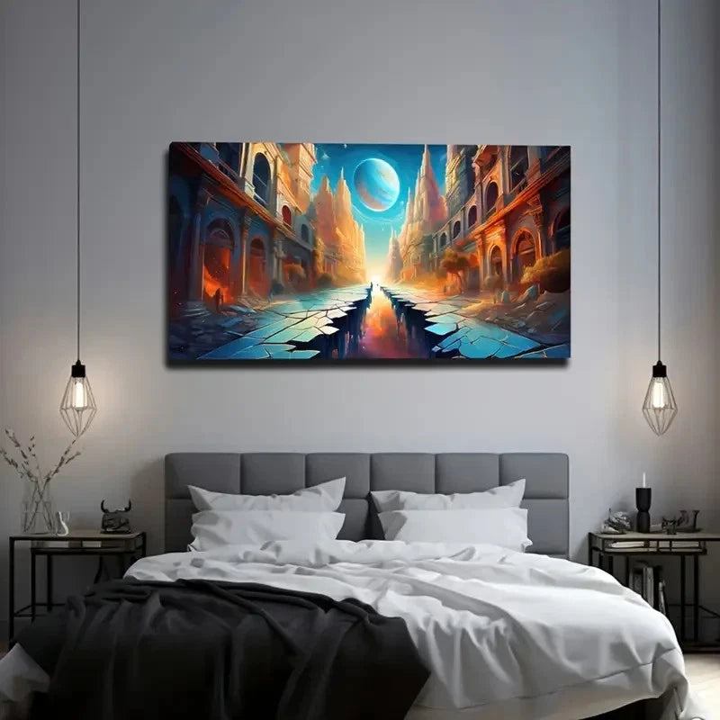 Fantasy City Planet Wall Art Canvas Office Home Room Framed 120x60cm