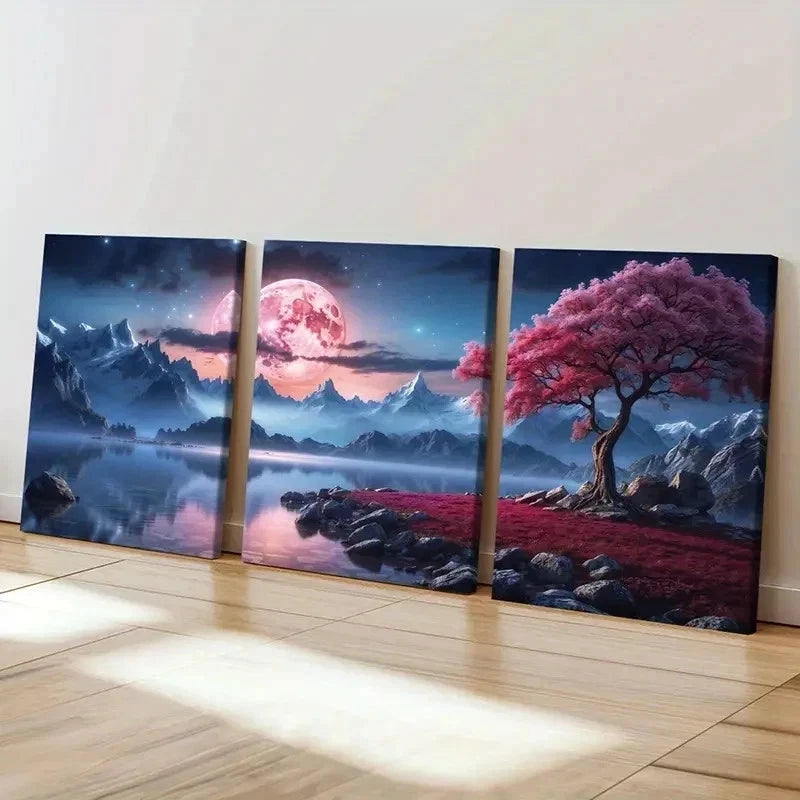 3pcs Red Moon Tree Mountains & Lake Wall Art Set Canvas Framed 40x60cm - High Quality Print 100% Australian Made Wall Canvas Ready to Hang - Bella Home Decor