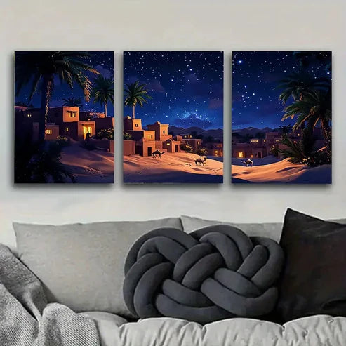 3pcs Desert Village Night Scenery Wall Art Canvas Unframed - High Quality Print 100% Australian Made Wall Canvas - Bella Home Decor