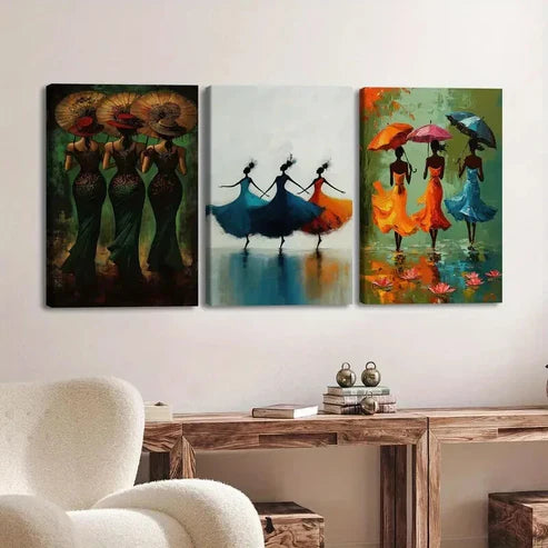 3pcs Elegant Women Orange Blue Vibrant Abstract Wall Art Set Canvas Unframed - High Quality Print 100% Australian Made Wall Canvas
