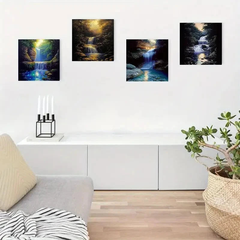 4pcs Dreamy Moonlit Waterfall Wall Art Canvas Framed