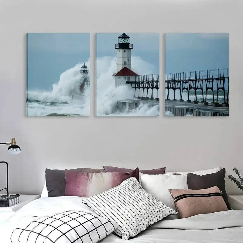 3pcs A Lighthouse Stands Against The Storm  Wall Art Set Canvas Framed 40x60cm - High Quality Print 100% Australian Made Wall Canvas Ready to Hang - Bella Home Decor