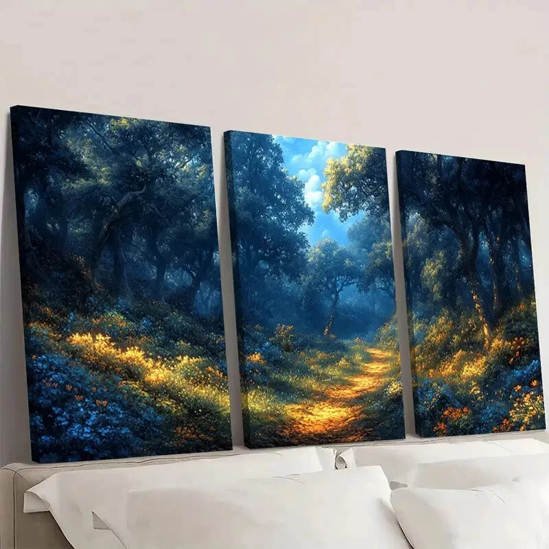 3pcs Mystical Blue and Golden Enchanted Forest Wall Art Set Canvas Framed 60x90cm - High Quality Print 100% Australian Made Wall Canvas Ready to Hang - Bella Home Decor