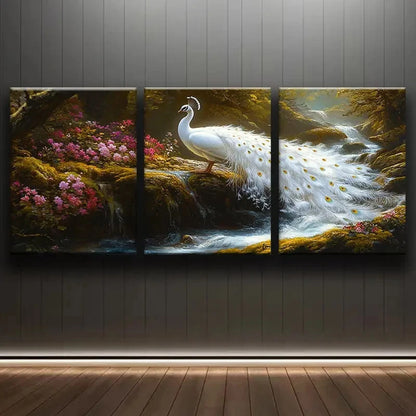 3pcs White Peacock and Floral Wall Art Set Canvas Framed 60x90cm - High Quality Print 100% Australian Made Wall Canvas Ready to Hang