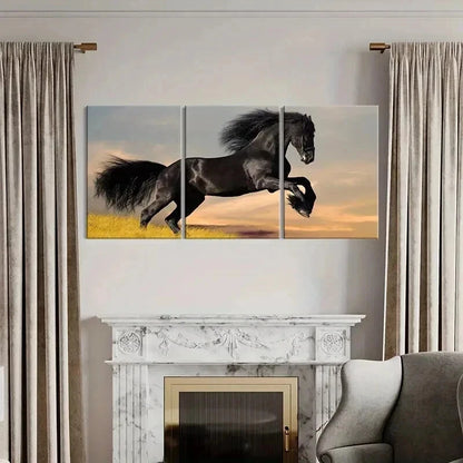 3pcs Black Horse Galloping Across a Grassy Field Wall Art Set Canvas Framed 60x90cm - High Quality Print 100% Australian Made Wall Canvas Ready to Hang - Bella Home Decor