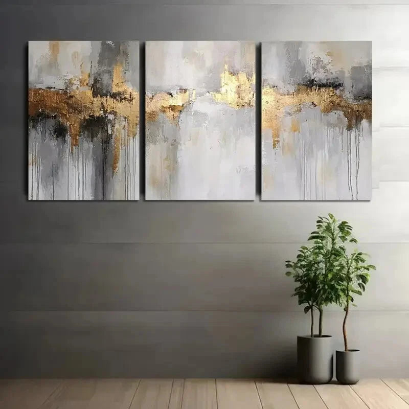 3pcs Rustic Abstract Golden & Gray Metal Print Ready to Hang Art - Bella Home Decor