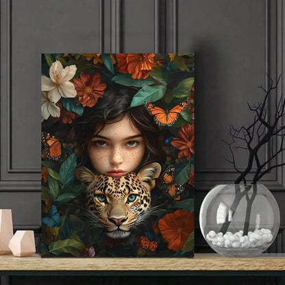 Leopard And a Girl in Love Colorful Flowers Butterflie 40x60cm Metal Print Ready to Hang