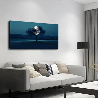 Moonlit Tree In Open Field Wall Art canvas office home room framed 120x60cm - Bella Home Decor