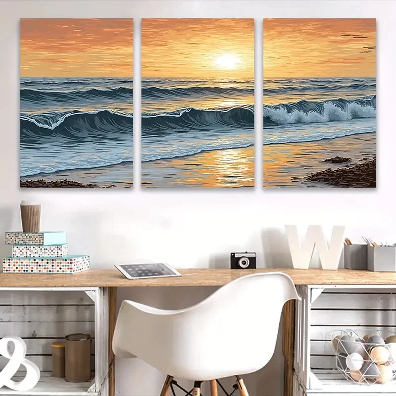 3pcs Sunset Beach Scene Wall Art Set Canvas Framed 50x70cm - High Quality Print 100% Australian Made Wall Canvas Ready to Hang