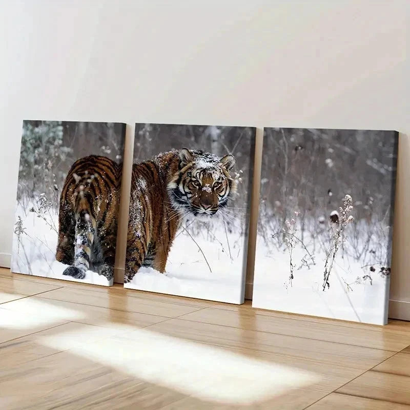 3pcs Tiger in Snow Animal Print Decor Wall Art Set Canvas Framed 50x70cm - High Quality Print 100% Australian Made Wall Canvas Ready to Hang