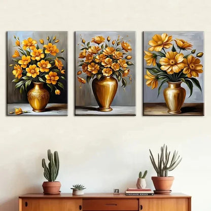 3pcs Vibrant Potted Floral Golden Vase Wall Art Set Canvas Unframed - High Quality Print 100% Australian Made Wall Canvas