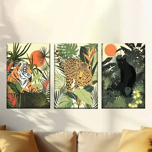 3pcs Vibrant Jungle Scene with Animals Wall Art Canvas Unframed - High Quality Print 100% Australian Made Wall Canvas