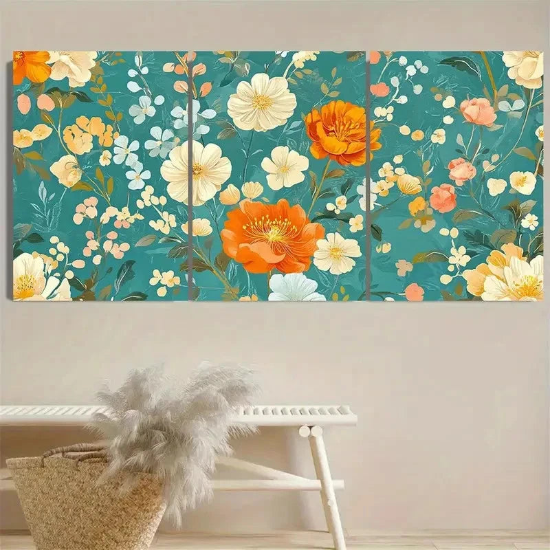 3pcs Aqua Teal Background with Orange Wall Art Set Canvas Framed 40x60cm - High Quality Print 100% Australian Made Wall Canvas Ready to Hang - Bella Home Decor