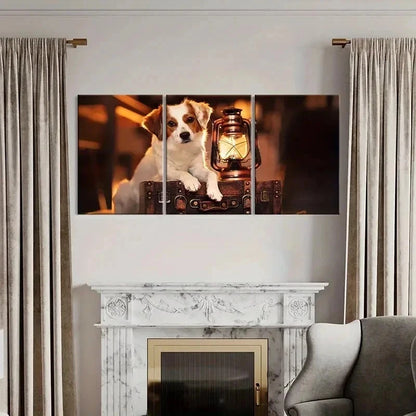 3pcs Puppy Lying On Suitcase & Kerosene Lamp Wall Art Set Canvas Framed 40x60cm - High Quality Print 100% Australian Made Wall Canvas Ready to Hang - Bella Home Decor